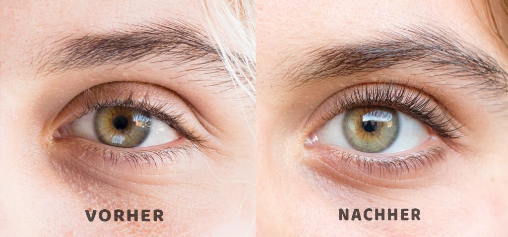 Effekte der Kur mit dem Wimpernserum Nanolash - Wimpern vor und nach der Kur